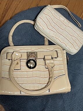 Beige Croc-Embossed Patent Satchel and Wristlet Set